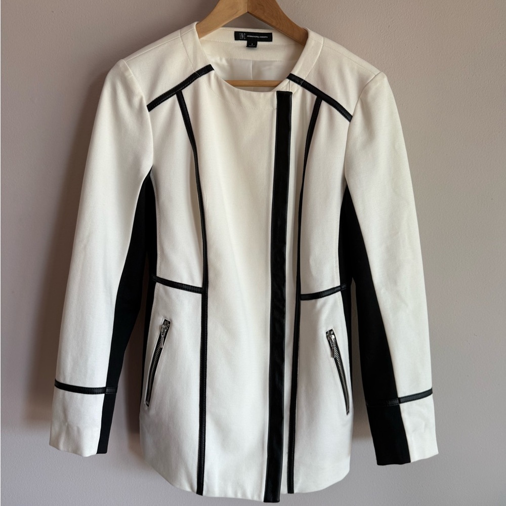 INC International Concepts Womens Colorblock Faux Leather Trim Jacket B/W